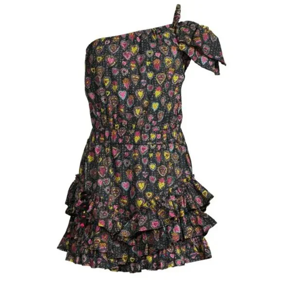 Poupette St Barth Kaia Heart One Shoulder Mini Dress in Black Multi NWT - Picture 3 of 10